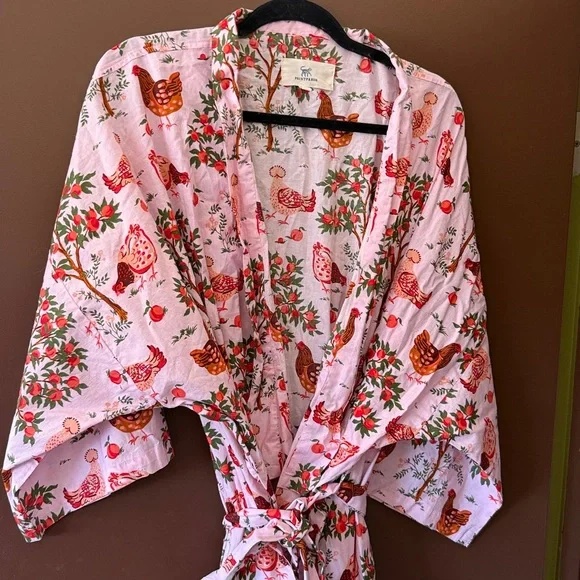 Anthropologie Printfresh Chicken Print Pink 100% Organic Cotton Robe - Picture 6 of 7
